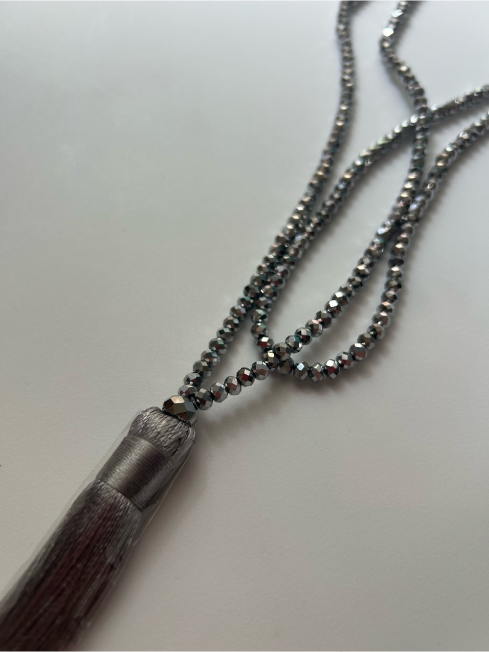 Gunmetal Beaded Long Necklace with Grey Silk Tassel Pendant - Picture 6 of 7